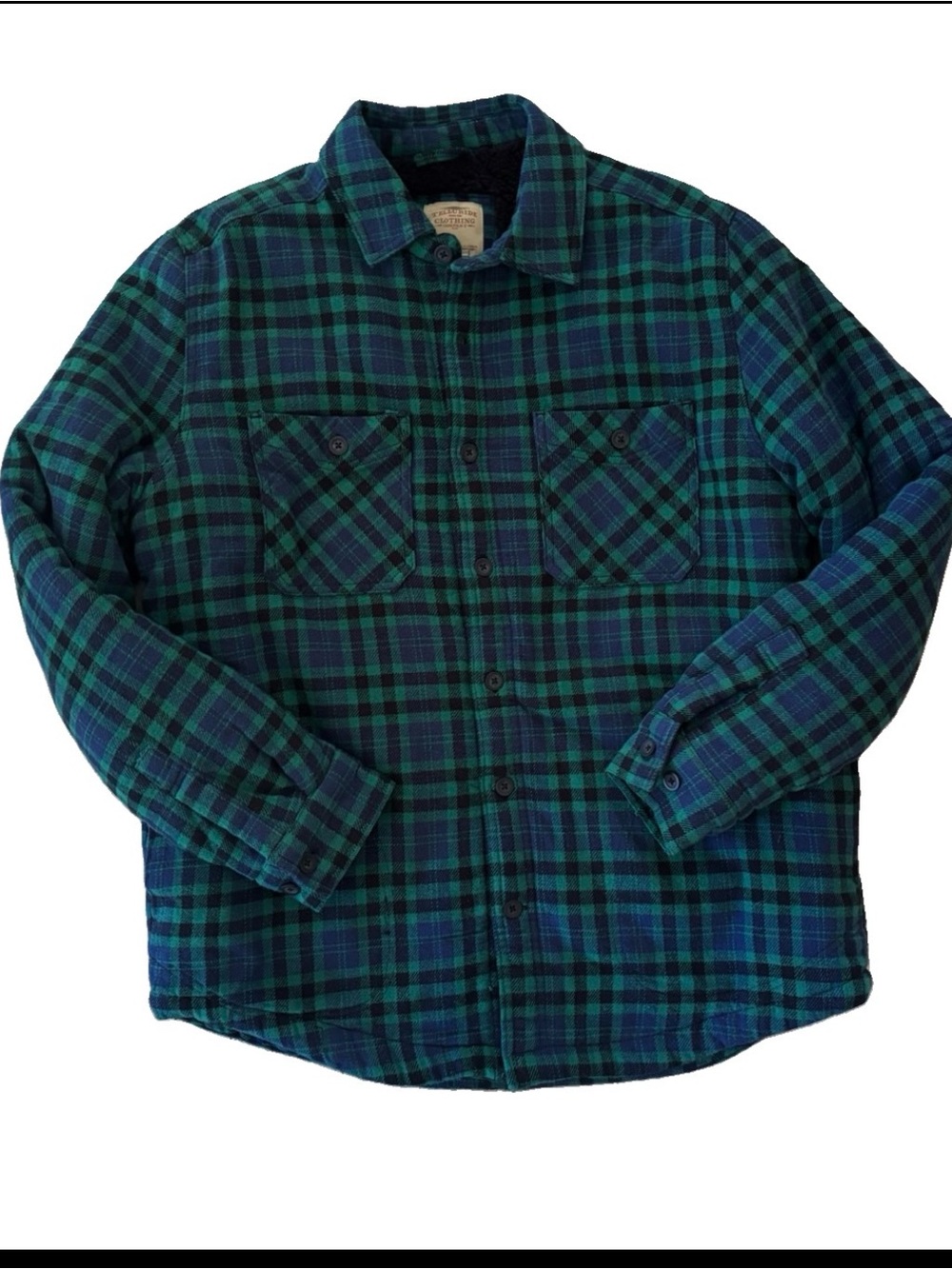 Telluride Tartan Blue & Green Plaid Black Sherpa Lined Shacket EUC Large Pockets